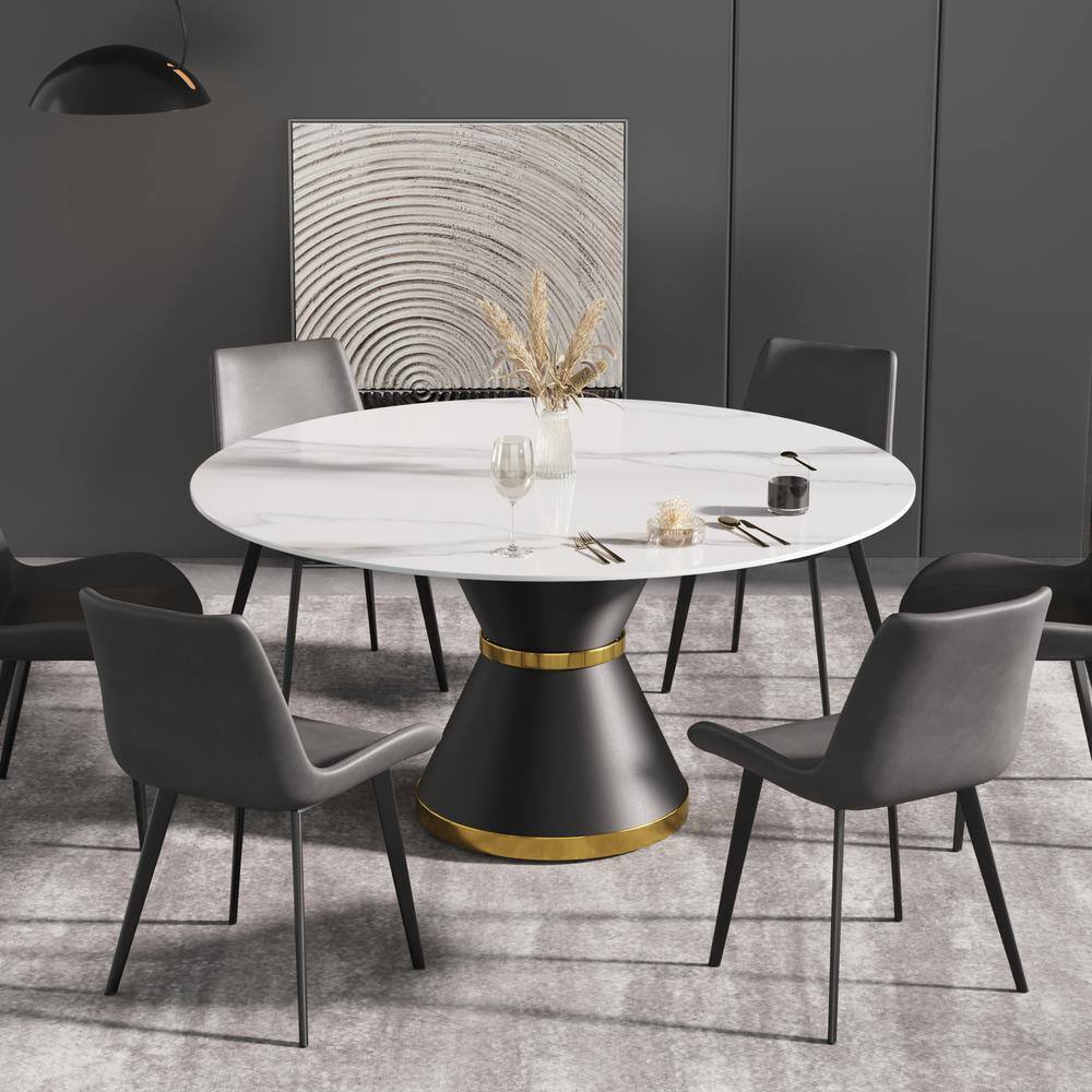 JE Home 59.05 in. White Modern Round Sintered Stone Dining Table with Carbon Stainless Steel Base (Seats 8) PVS-DT0141DW120