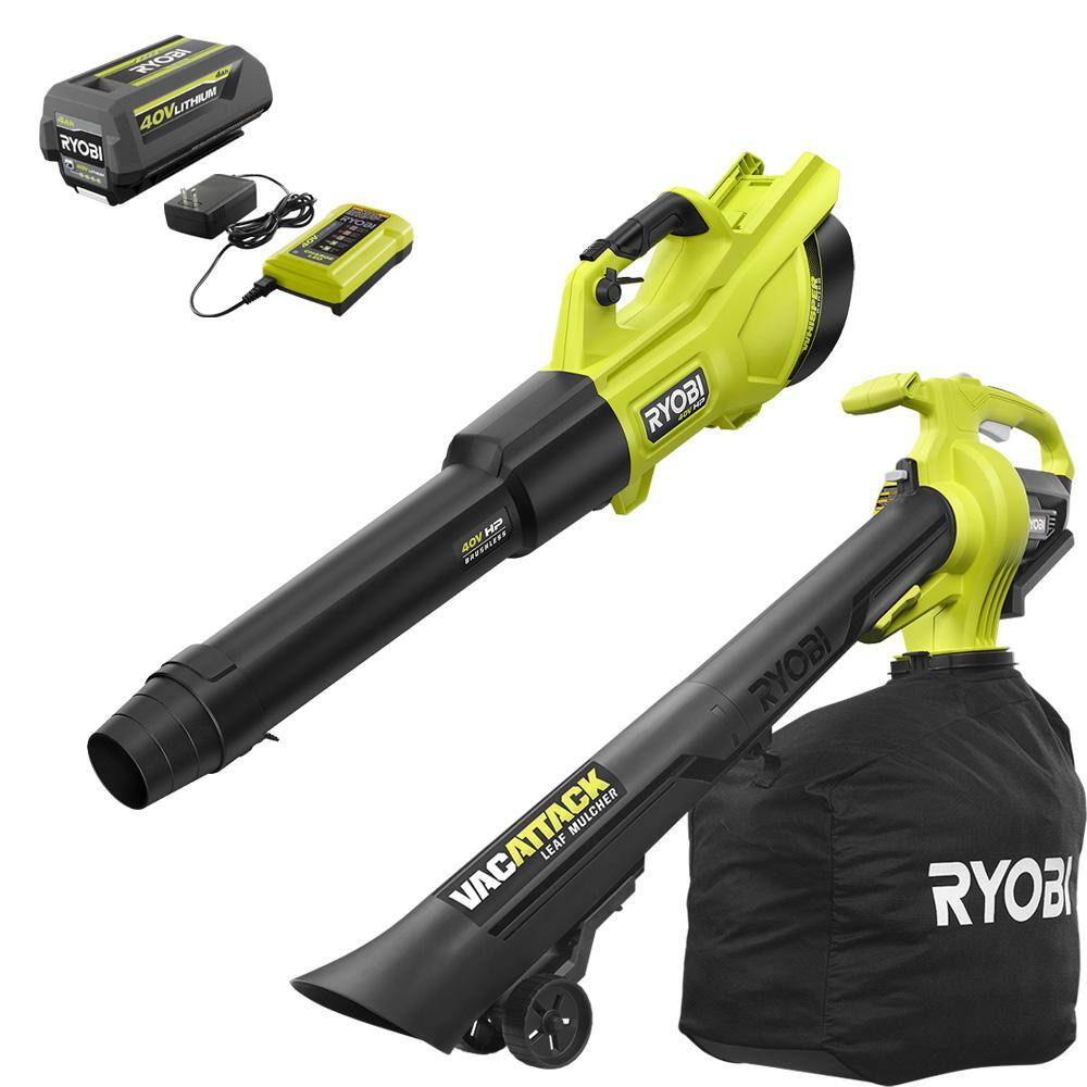 RYOBI 40V HP Brushless Whisper Series 155 MPH 600 CFM Cordless Blower  Leaf VacuumMulcher with 4.0 Ah Battery and Charger RY404130-RY40405BTL