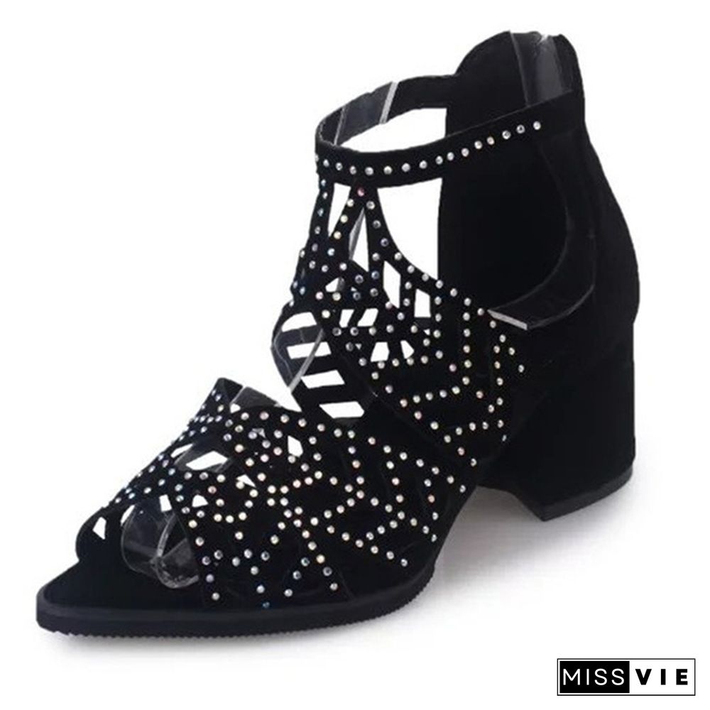 Summer Women Black Rhinestone Wedge Heel Sandals Fashion Fish Mouth Pumps Hollow Out Shoes