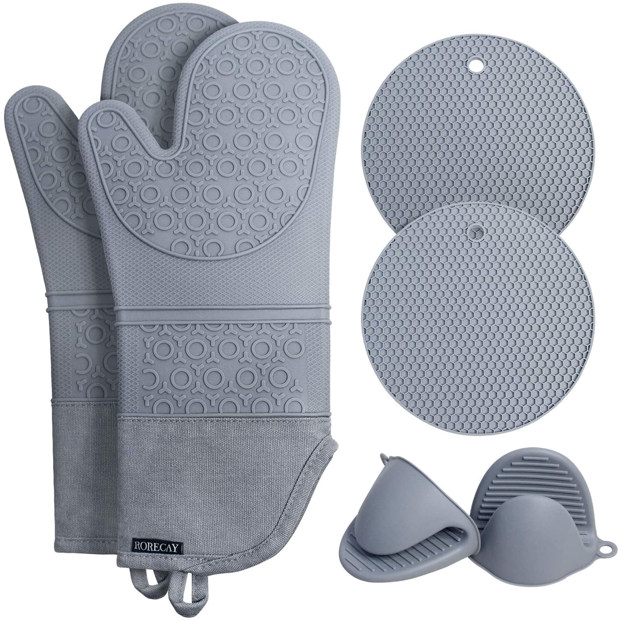 Extra Long Oven Mitts and Pot Holders Sets， RORECAY Heat Resistant Gloves Silicone Oven Mitts with Mini Oven Gloves and Hot Pads Pot Holders for Kitchen Cooking Shows Baking， Quilted Liner， Grey，6 PCS