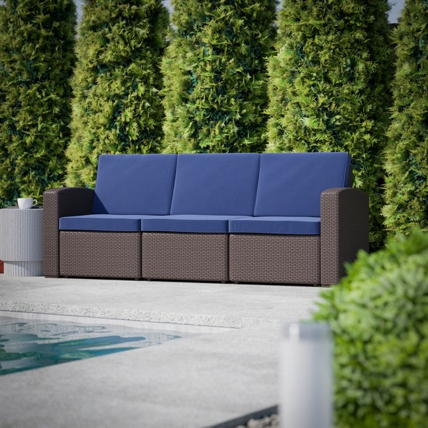 Flash Furniture Seneca Faux Rattan Sofa With All weather Cushions