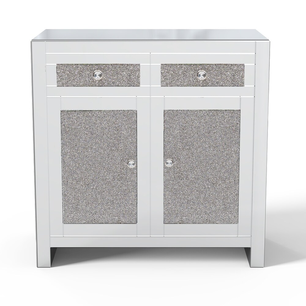 Mirrored Accent Cabinet  Silver TV Console Cabinet Modern Glass Sideboard with 2 Drawers   2 Cabinets