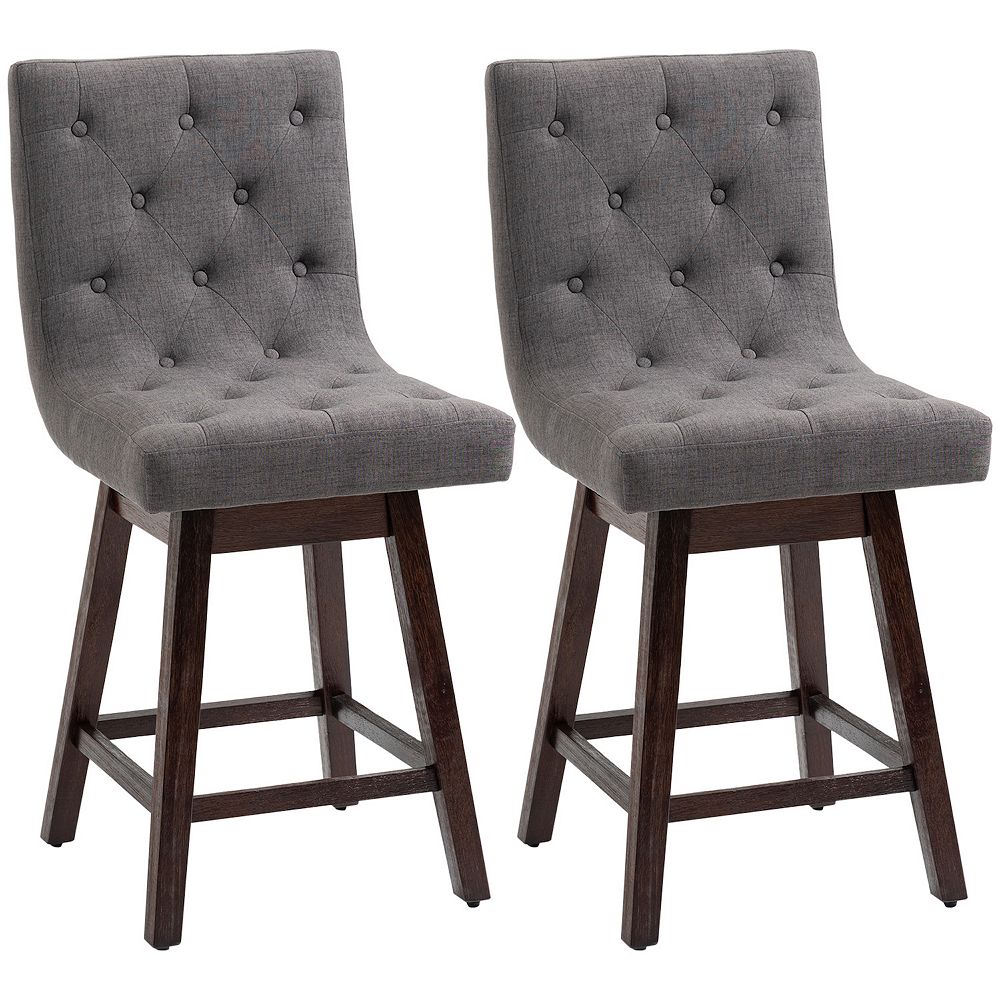 HOMCOM Bar Stools Set of 2， Swivel Bar Chairs， 25.5 High Fabric Tufted Breakfast Barstools for Kitchen Counter， Dark Grey