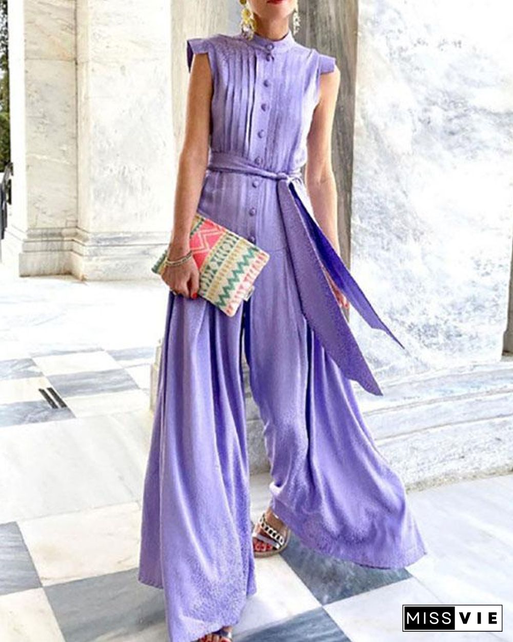 Women Elegant Print Button Tie Waist Belted Wide Leg Jumpsuit