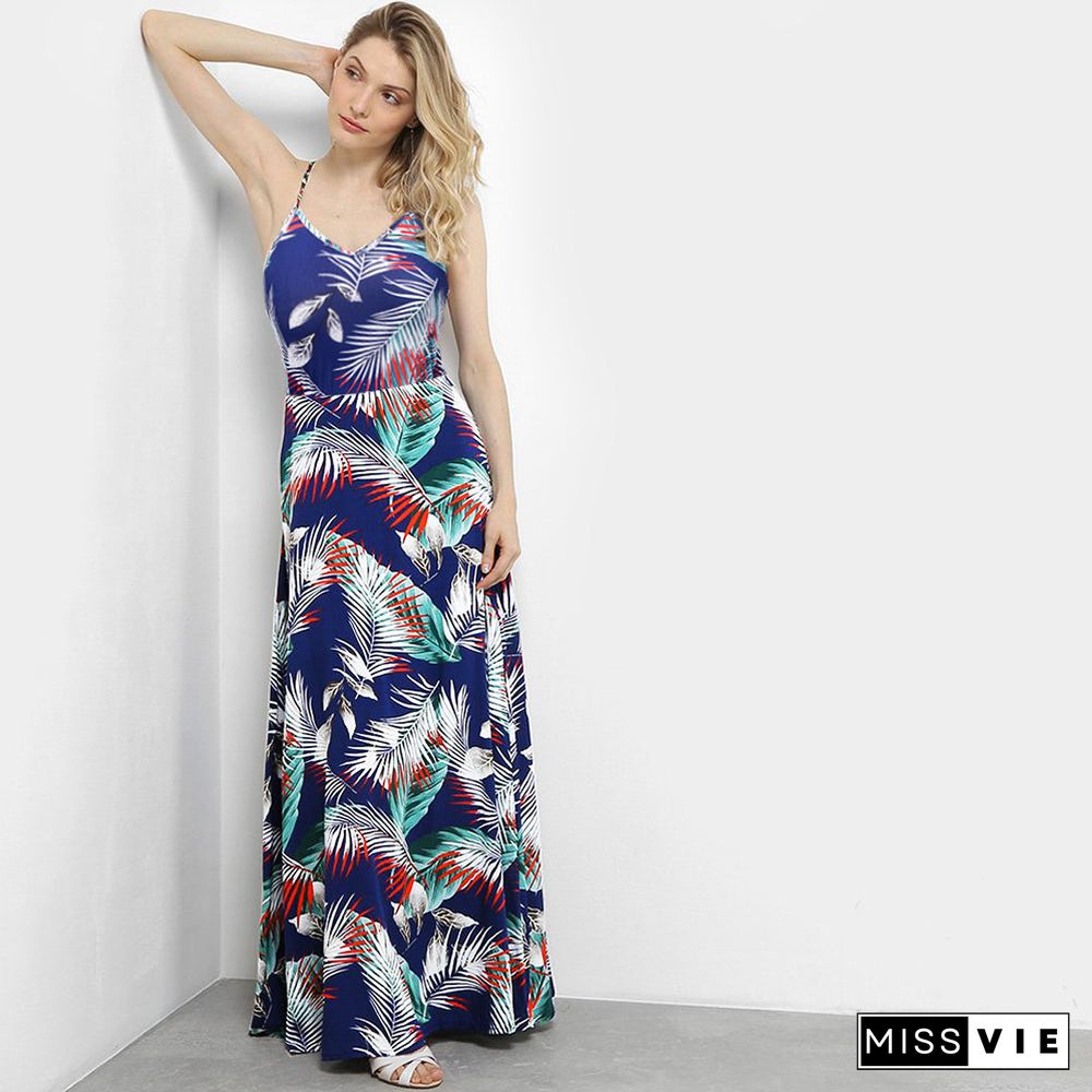 Sphaghetti Strap Leaf Print V Neck Long Beach Dress