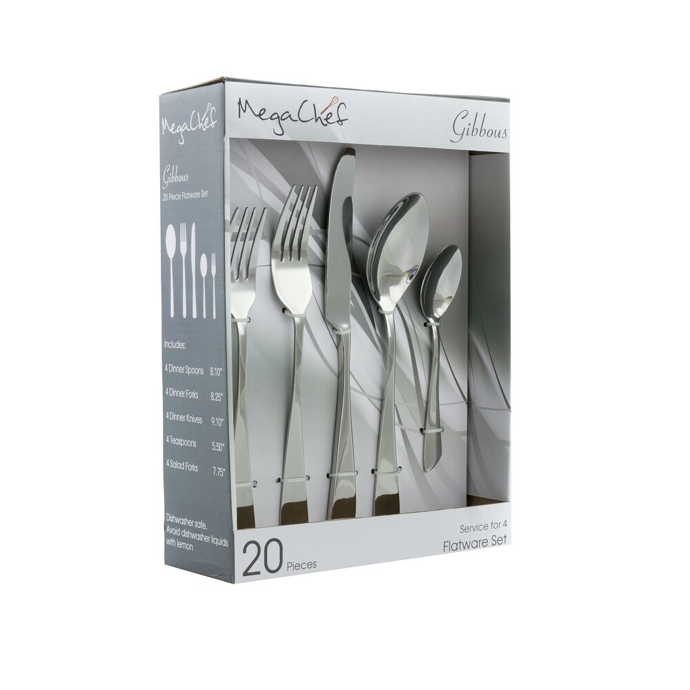 MegaChef Gibbous 20 Piece Flatware Utensil Set  Stainless Steel Silverware Metal Service for 4 in Silver