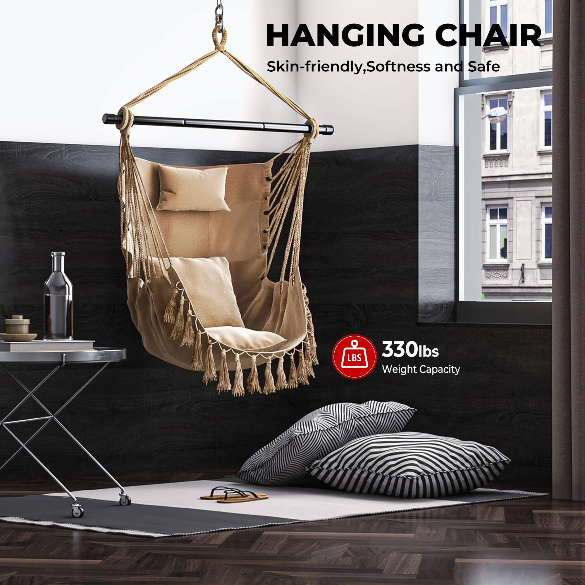 Hanging Chair Hammock Swing Chair - with Sturdy Steel Hanging Bar