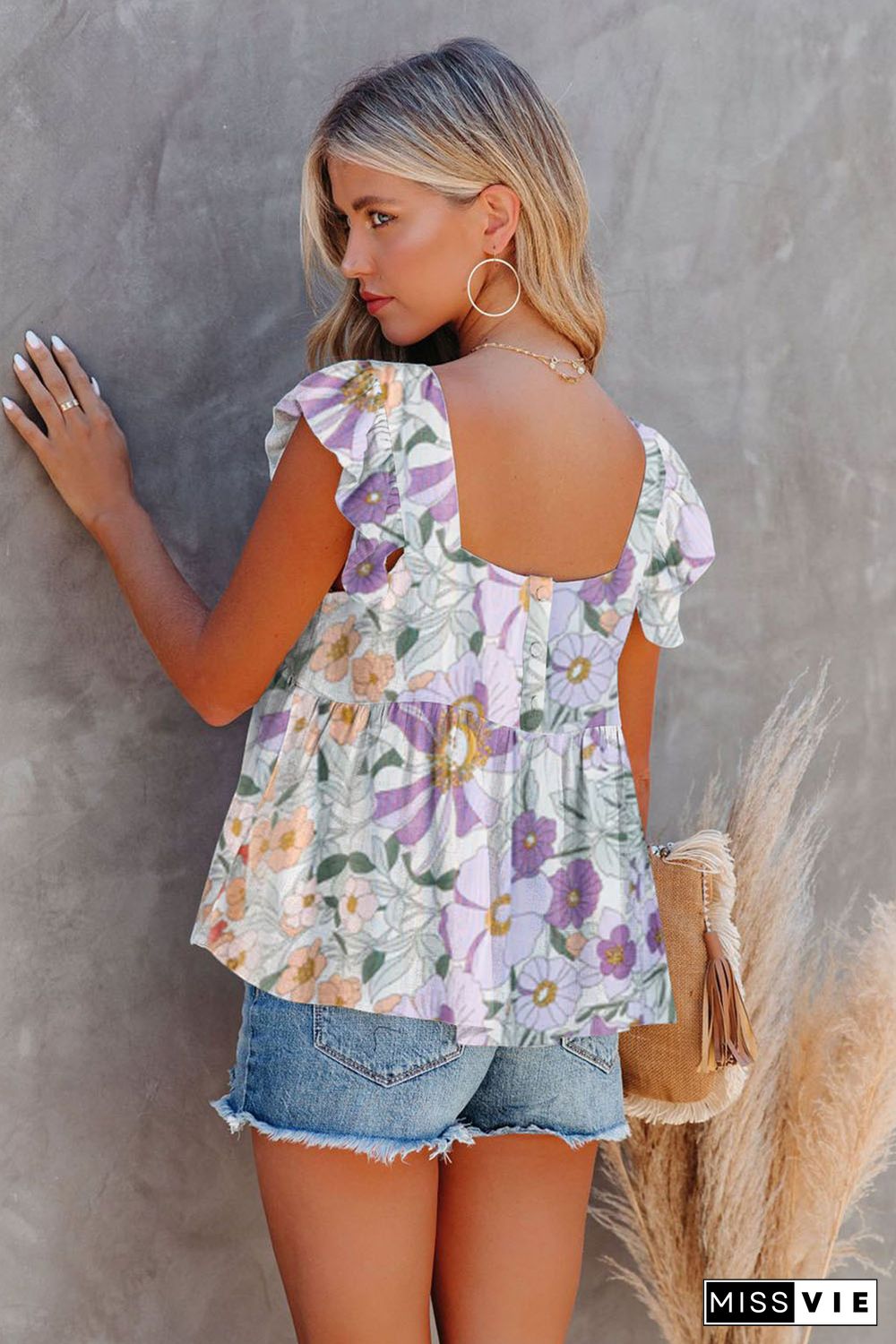 Purple Multicolor Flutter Floral Print Flowy Tank Top