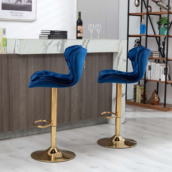 Set of 2 Bar Stools，with Chrome Footrest and Base Swivel Height Adjustable Mechanical Lifting Velvet + Golden Leg