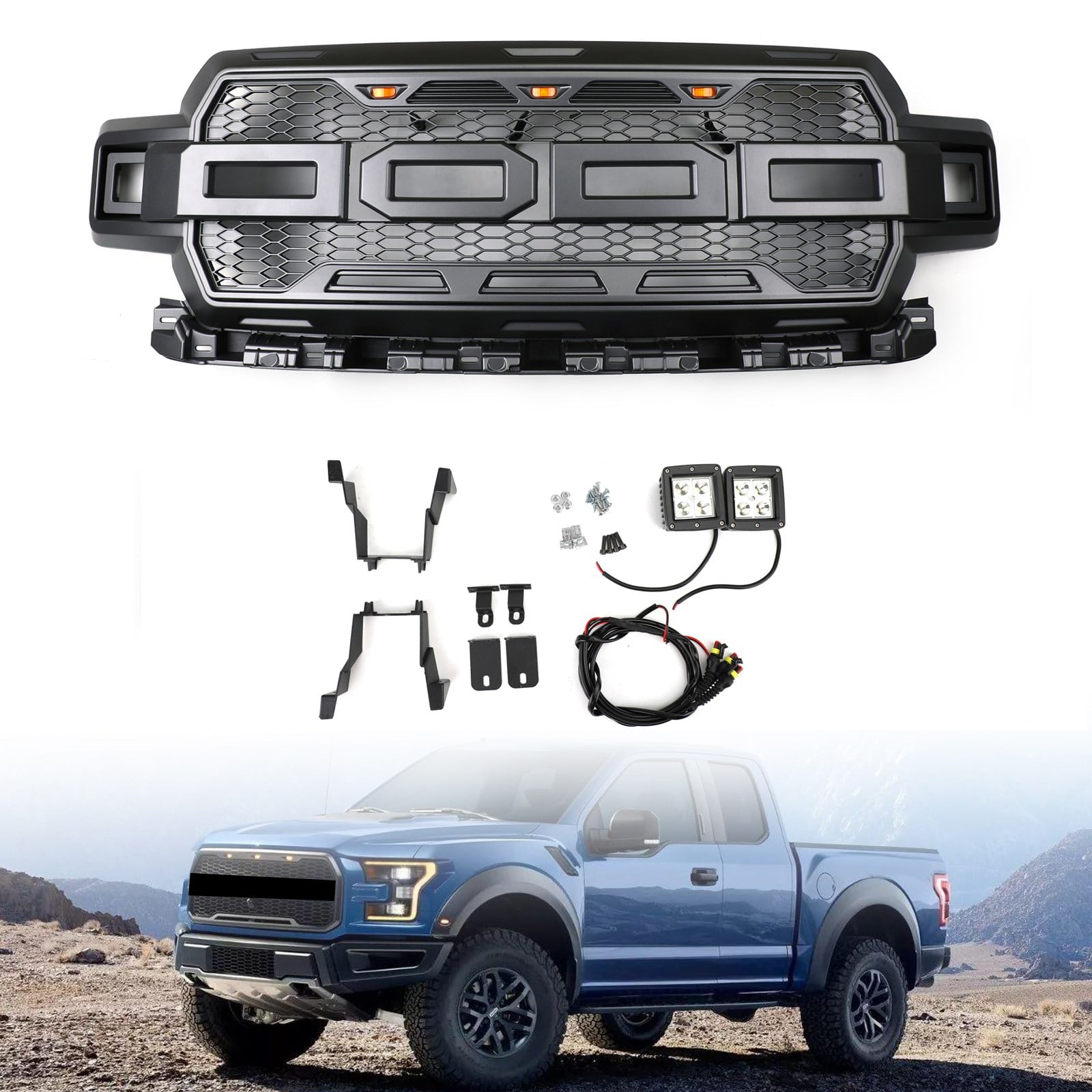 Fit For Ford F150 2018-2020 Honeycomb Grill Amber LED Raptor Style Grill Grille