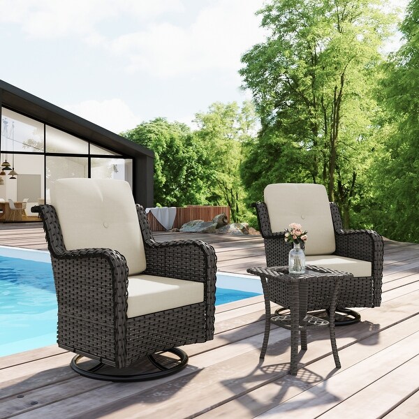 Outdoor 3 Pieces Rattan Wicker Bistro Set Swivel Rocker With Cushion and Table