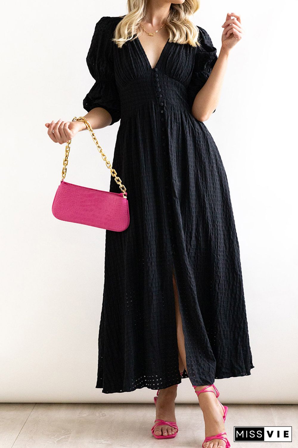 Eyelet Checked Button Up Long Split Dress