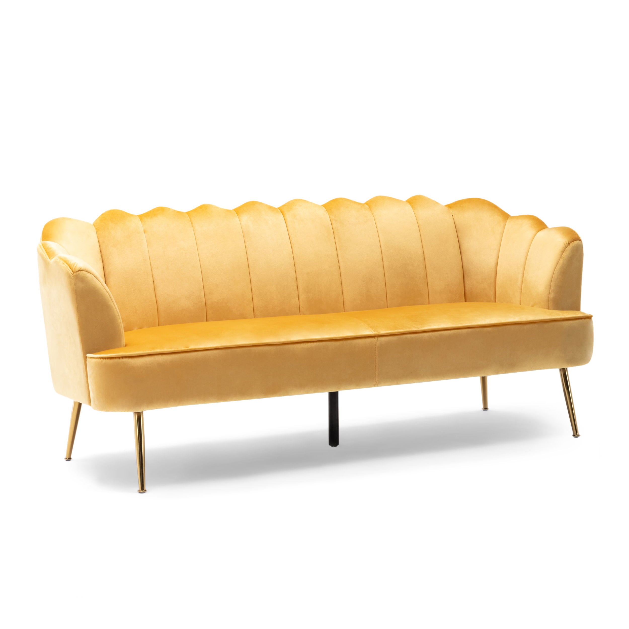 GDF Studio Ohnstad Modern Glam Velvet Channel Stitch 3 Seater Shell Sofa, Honey Yellow and Gold