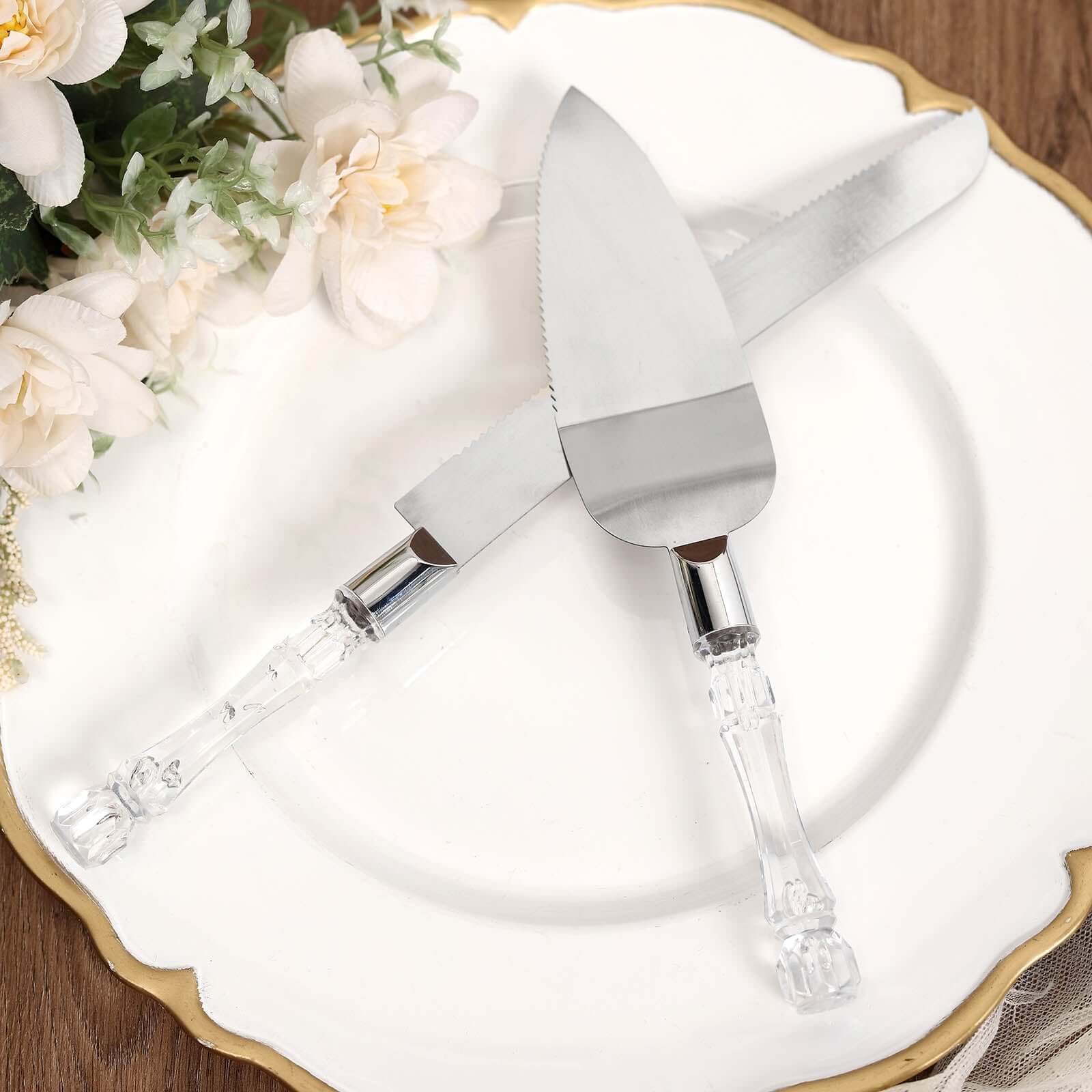 2 Set Stainless Steel Knife and Server Party Favors Set With Clear Acrylic Handle Free Gift Box 10