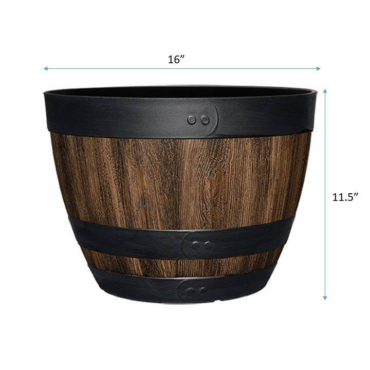 Vigoro 16 in. Reedley Large Kentucky Walnut Brown Resin Wine Barrel Planter (16 in. D x 11.5 in. H) HD1312-037