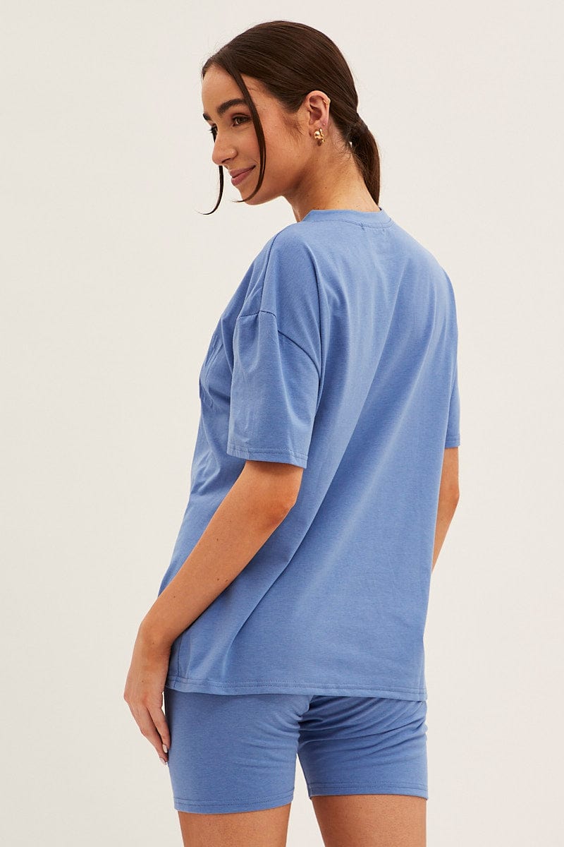 Blue Textured Tee And Biker Shorts Set