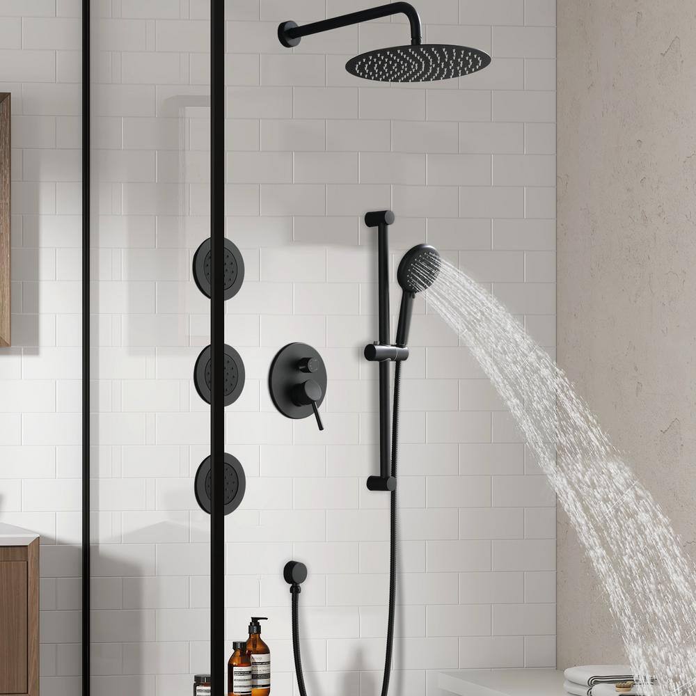 Satico 12 in. 2-Handle 3-Spray Wall Mount Pressure Balance Round Rainfall Shower System with Rough-In Valve in Matte Black WDGSS007