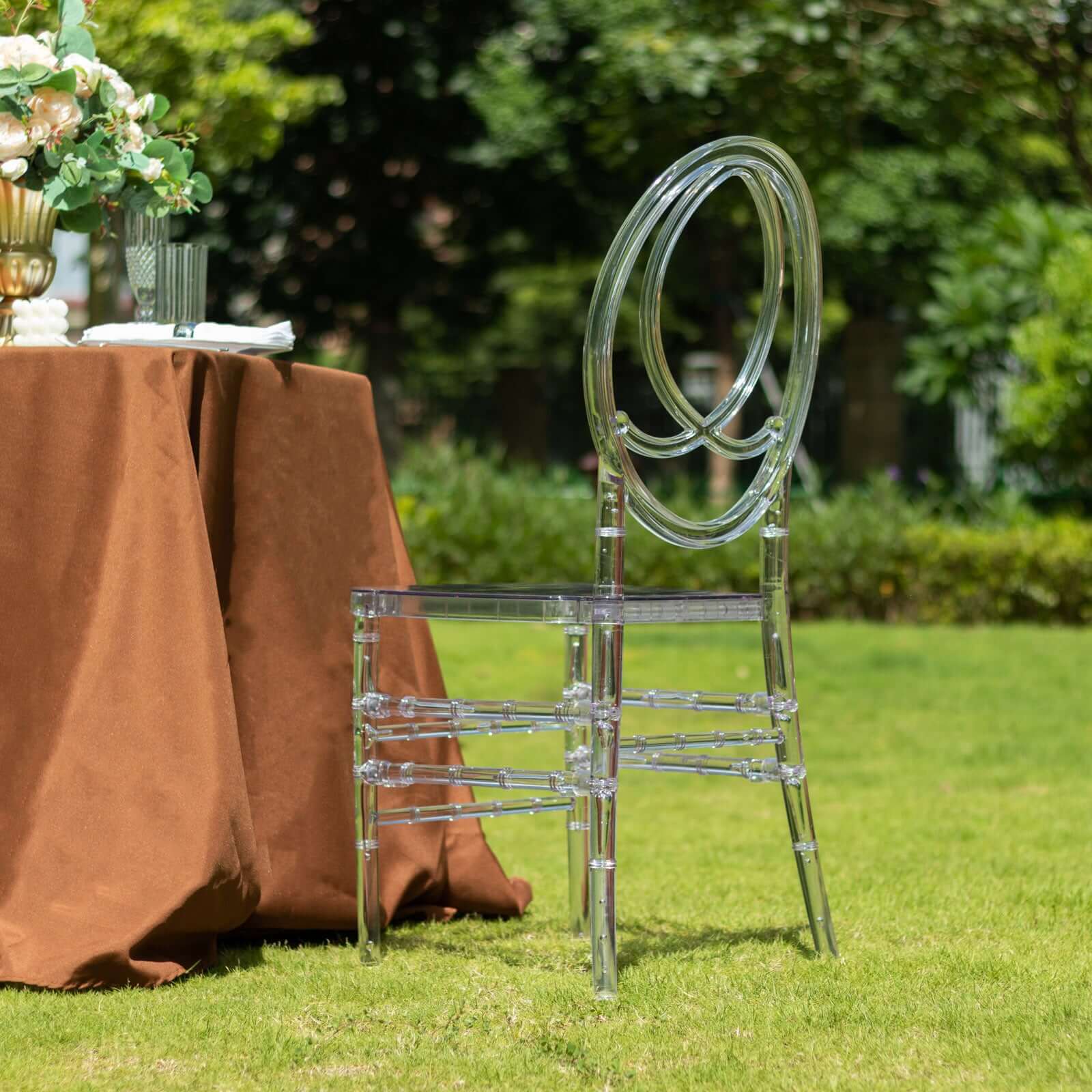 Stackable Clear Acrylic Phoenix Chiavari Ghost Chair, Transparent Resin Armless Oval Back Event Chair