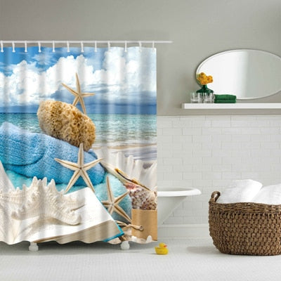 New Colorful Eco-friendly Beach Conch Starfish Shell Polyester  High Quality Washable Bath Decor Shower Curtains