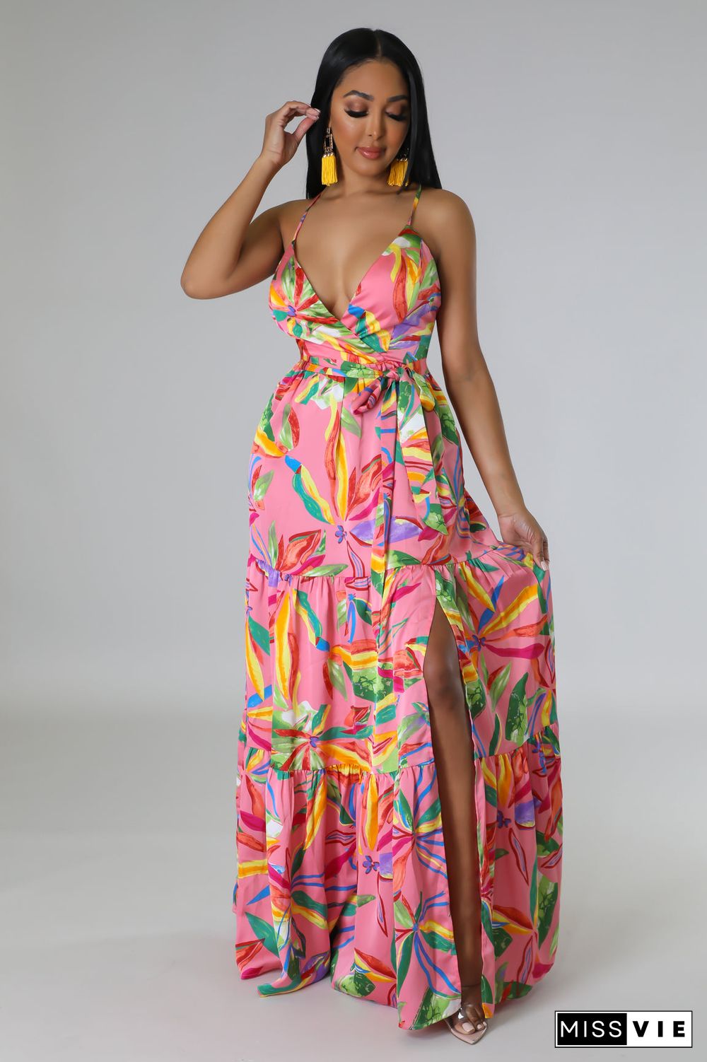 Sexy Floral Print Spaghetti Strap Backless Maxi Dress