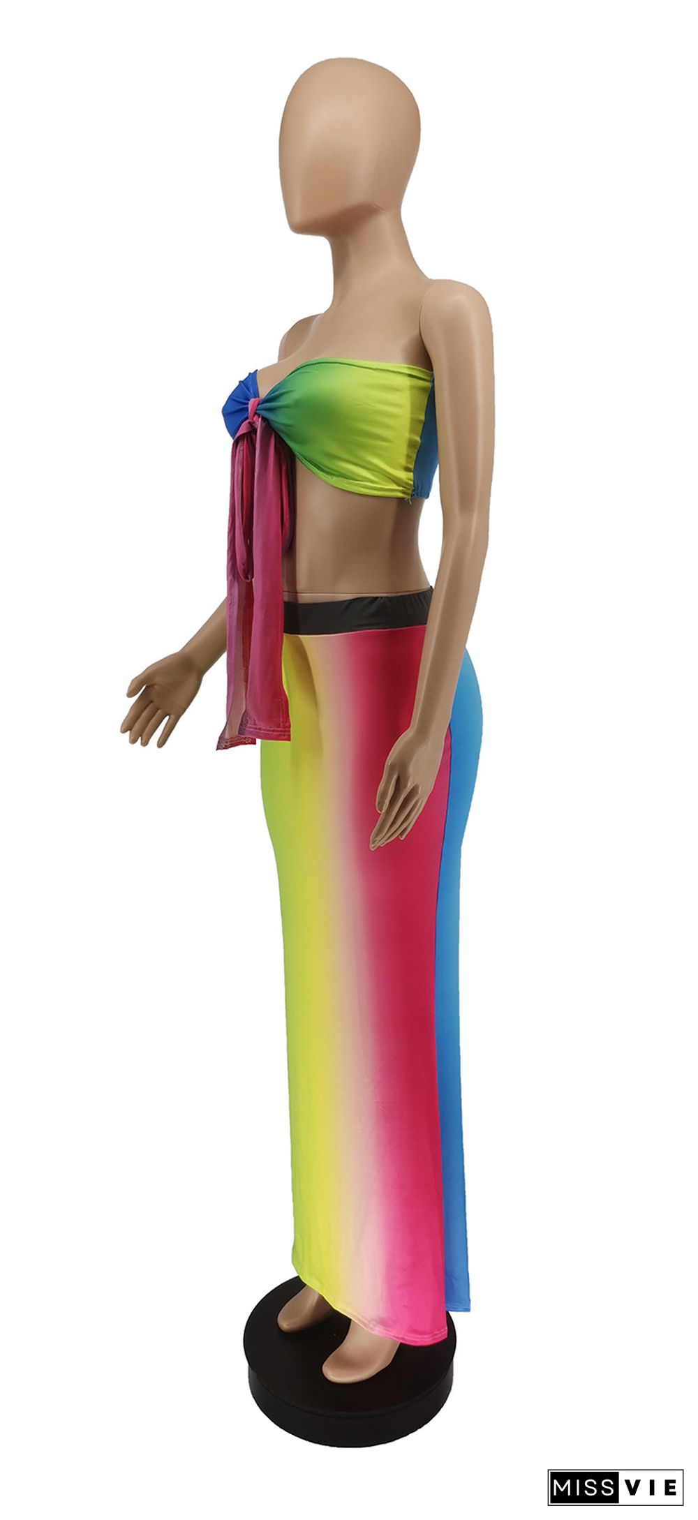 Rainbow Gradient Off Shoulder Bow Tie Crop Top Long Skirt 2 Piece Set