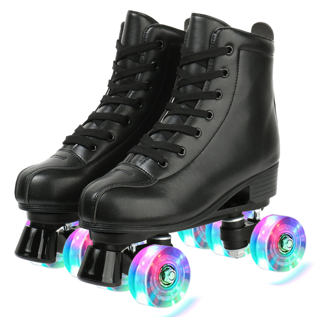 Roller Skates For Women Skates Lighting Flash Wheels Roller Skates High Top Soft Leather  Shiny Roller Skates For Beginners Indoor and Outdoor， Pure Black No Pattern， Size 8.5