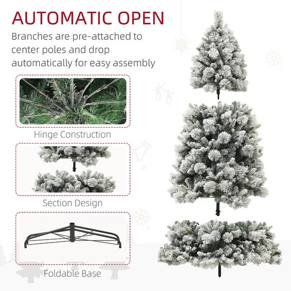 HOMCOM 6.5 ft PreLit Artificial Christmas Tree with 350 Clear Lights and 1107 Tips，Snow Flocked Christmas Tree