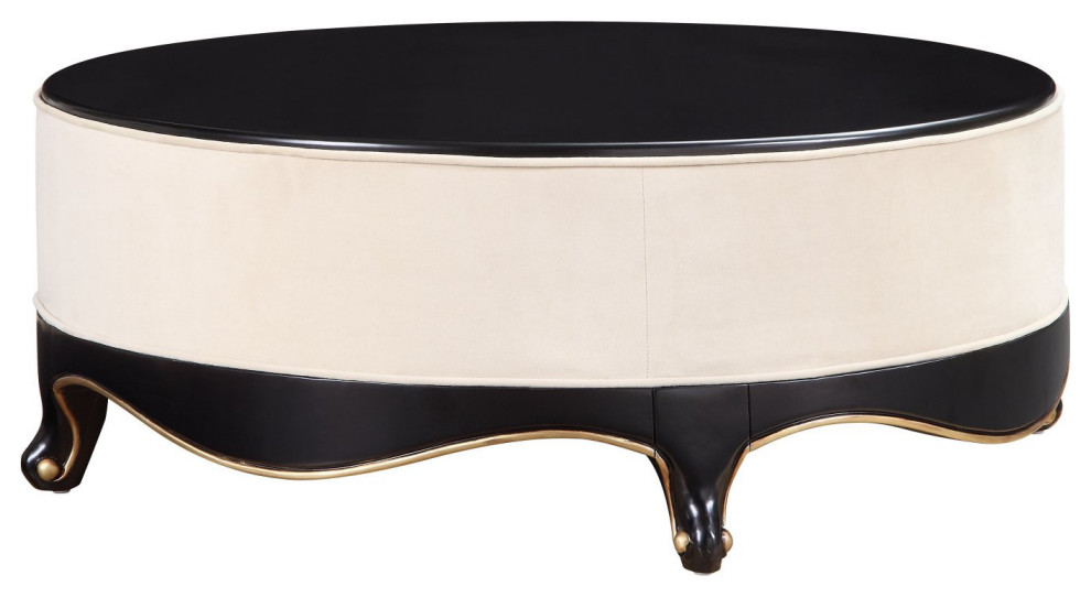 Unique Classic Coffee Table  Round Black Top and Cream Fabric Upholstered Frame   Traditional   Coffee Tables   by Declusia  Houzz