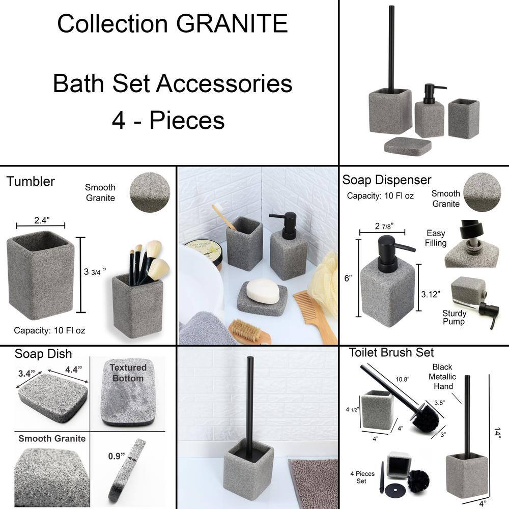 4-Pieces Bath Accessory Set with Soap Pump Tumbler Soap Dish and Toilet Brush Holder in Grey Granite Polyresin SET4GRANITE6194