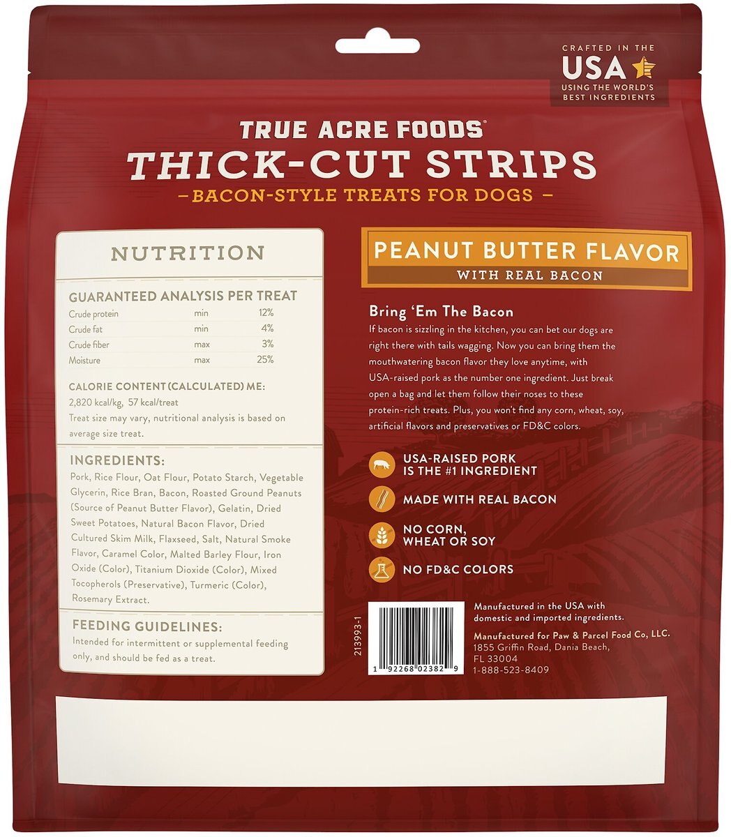 True Acre Foods Thick Cut Strips with Real Bacon and Peanut Butter Flavor Dog Treats， 25-oz bag