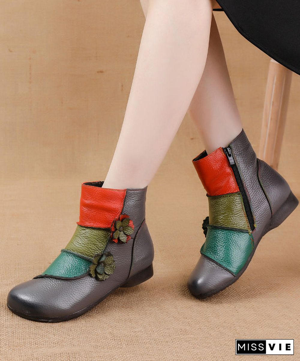 Soft Cowhide Leather Boots Boho Black Splicing Floral