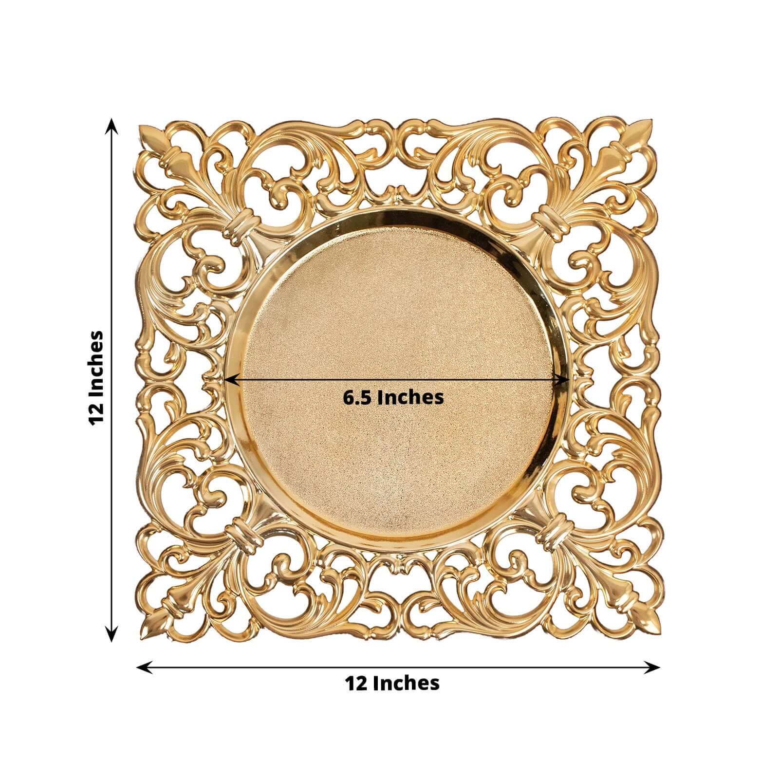 6 Pack Gold Square Acrylic Charger Plates with Hollow Lace Border, Dinner Chargers Event Tabletop Decor - 12