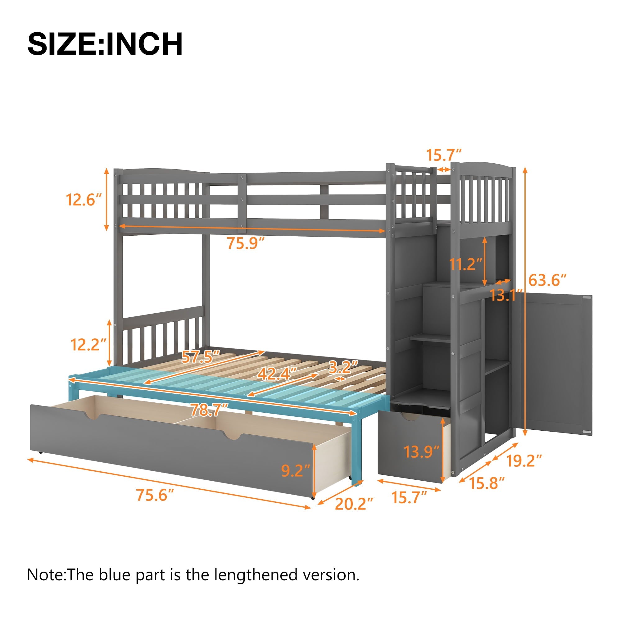 Euroco Twin over Twin/Full Bunk Bed for Kids Bedroom, Gray