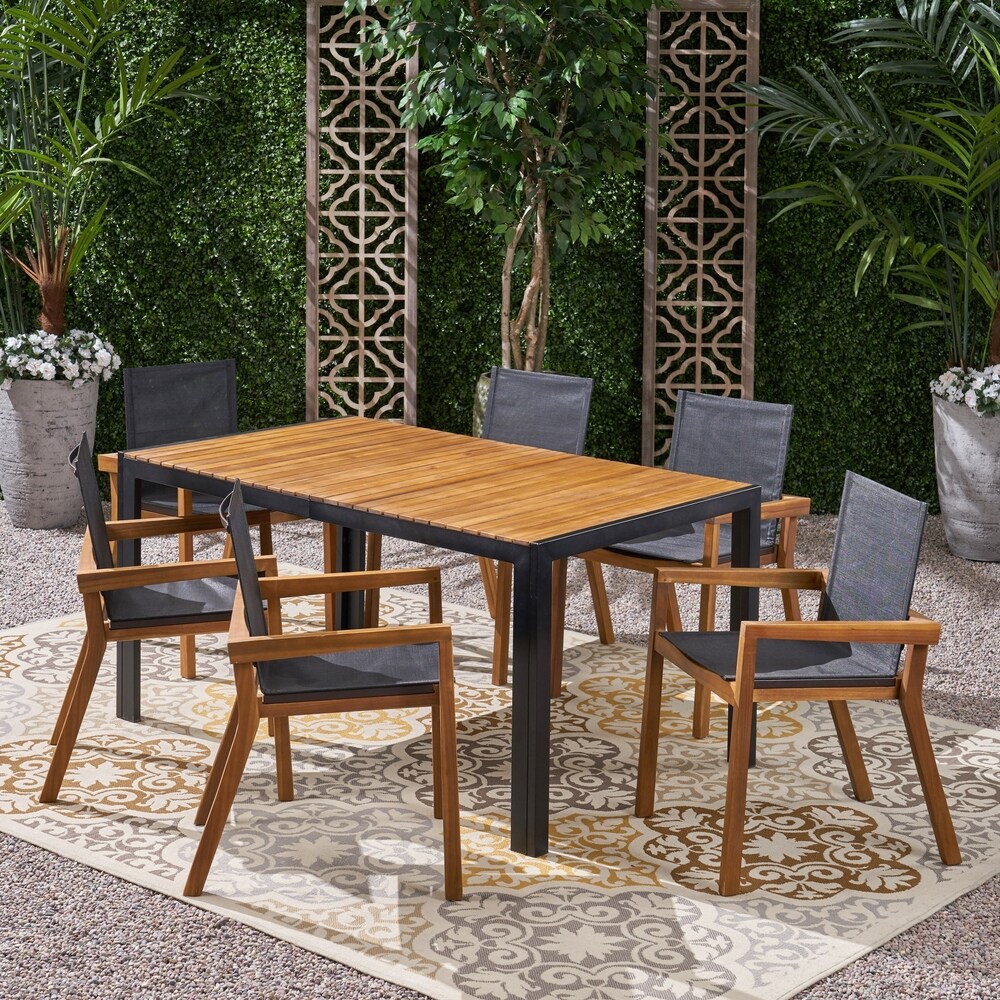 Lemyra Outdoor 6 Seater Rectangular Acacia Wood and Mesh Dining Set by Christopher Knight Home