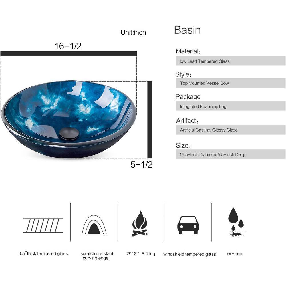 Puluomis Ocean Blue Glass Round Vessel Sink with Faucet Pop Up Drain Set USBA20077