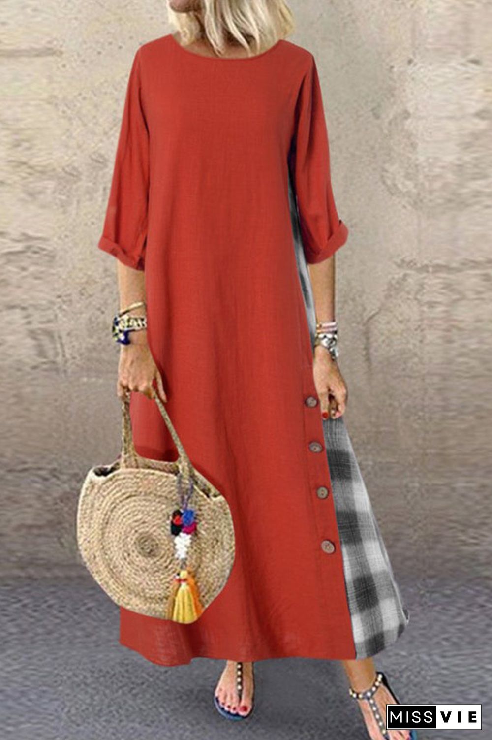 Grid Panel Buttoned Maxi Dress