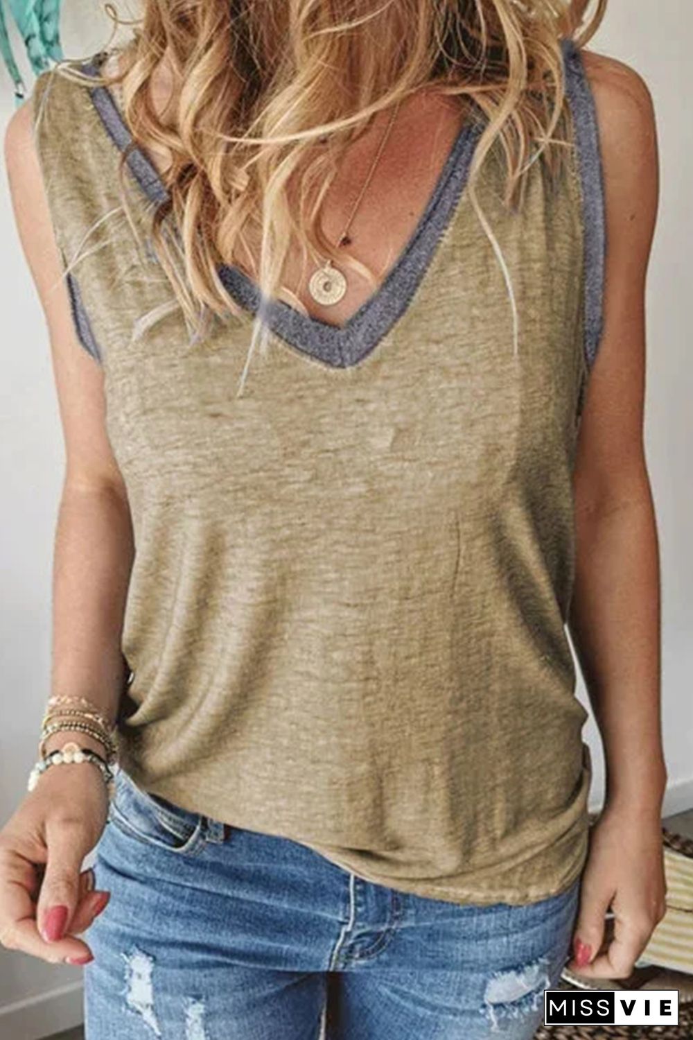 Khaki Solid Color Contrast V Neckline Tank Top