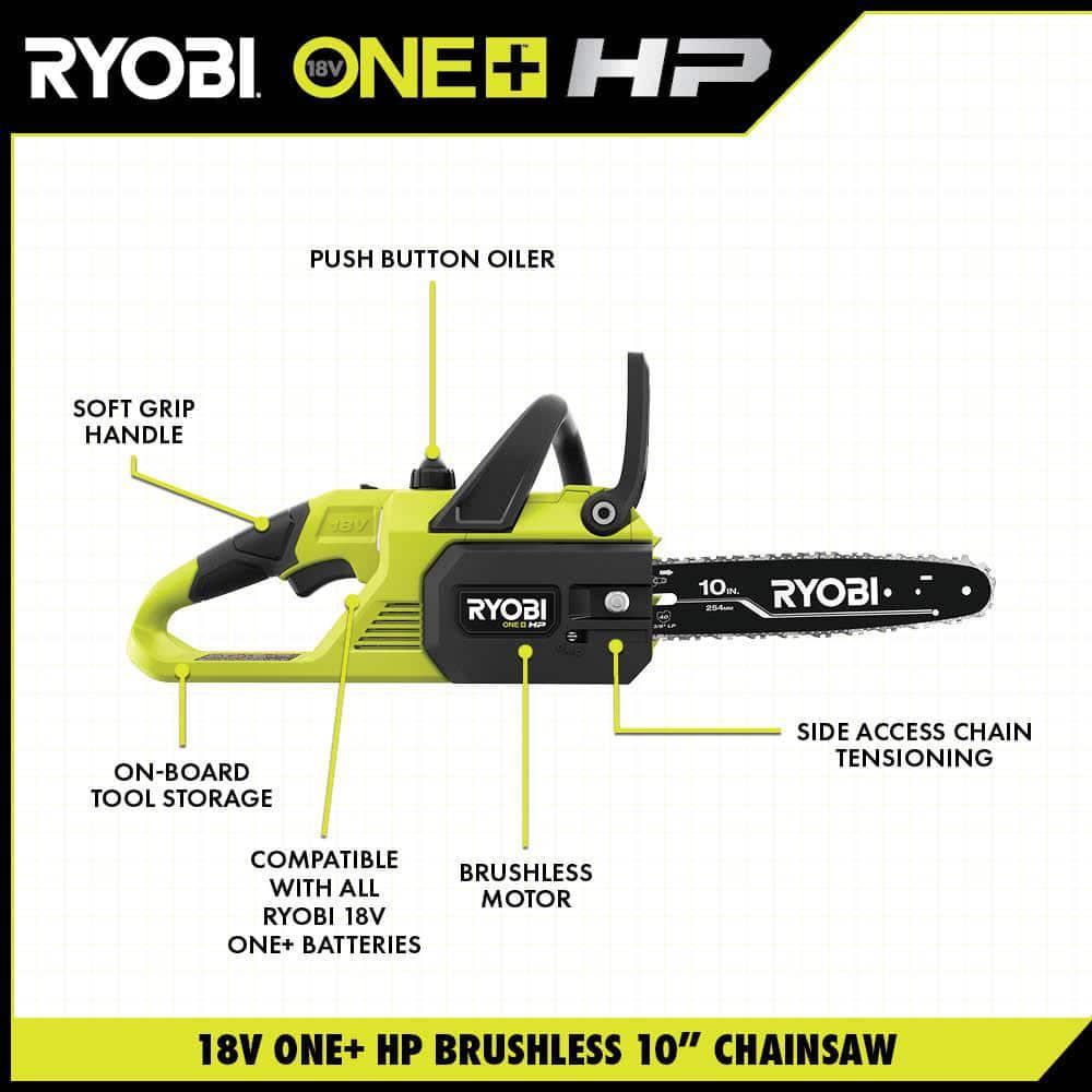 RYOBI ONE HP 18V Cordless 10 in Chainsaw and Whisper Series 8 in Pole Saw with 40 Ah Battery and Charger