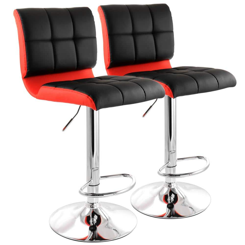 Elama 2-Piece Adjustable Faux Leather 35 in. Black and Red High Back Metal Bar Stool with Chrome Base 985116745M