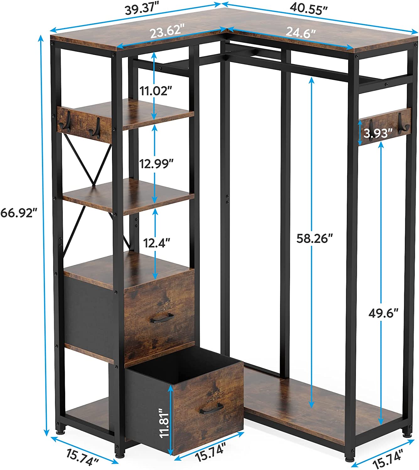 L Shaped Garment Rack with Shelves and 2 Fabric Drawers