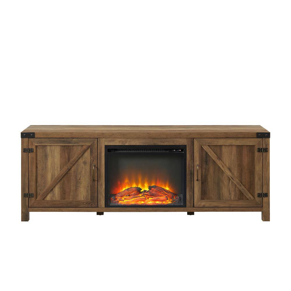 Welwick Designs 70 in. Reclaimed Barnwood Farmhouse Double Barn Door Fireplace TV Stand Fits TVs up to 80 in. HD9176