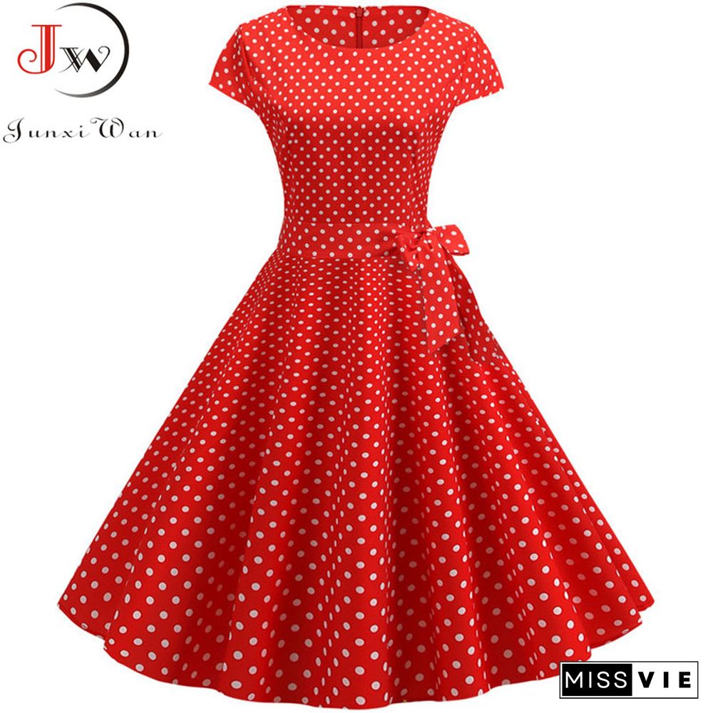 Women Summer Dresses Robe Vintage 1950s 60s Pin Up Big Swing Party Work Wear Rockabilly Dress White Polka Dot Vestidos