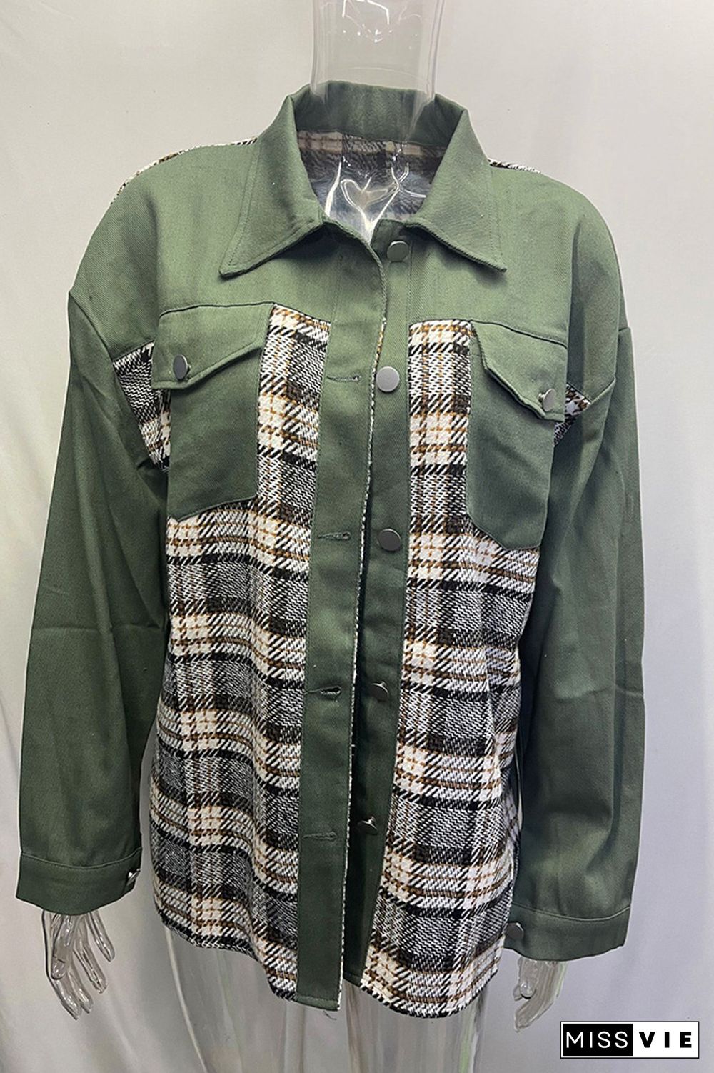 Plaid Splicing Open Button Denim Jacket