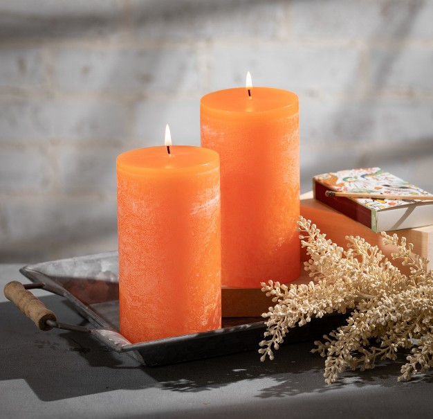 Tangerine Timber Pillar Candles Set Of 2