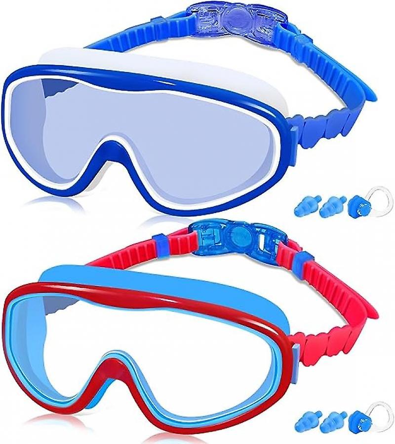 Kids Swim Goggles For Age 3-15， 2 Pack Kids Goggles For Swimming With Nose Cover， No Leaking， Anti-fog， Waterproof， Blue+red