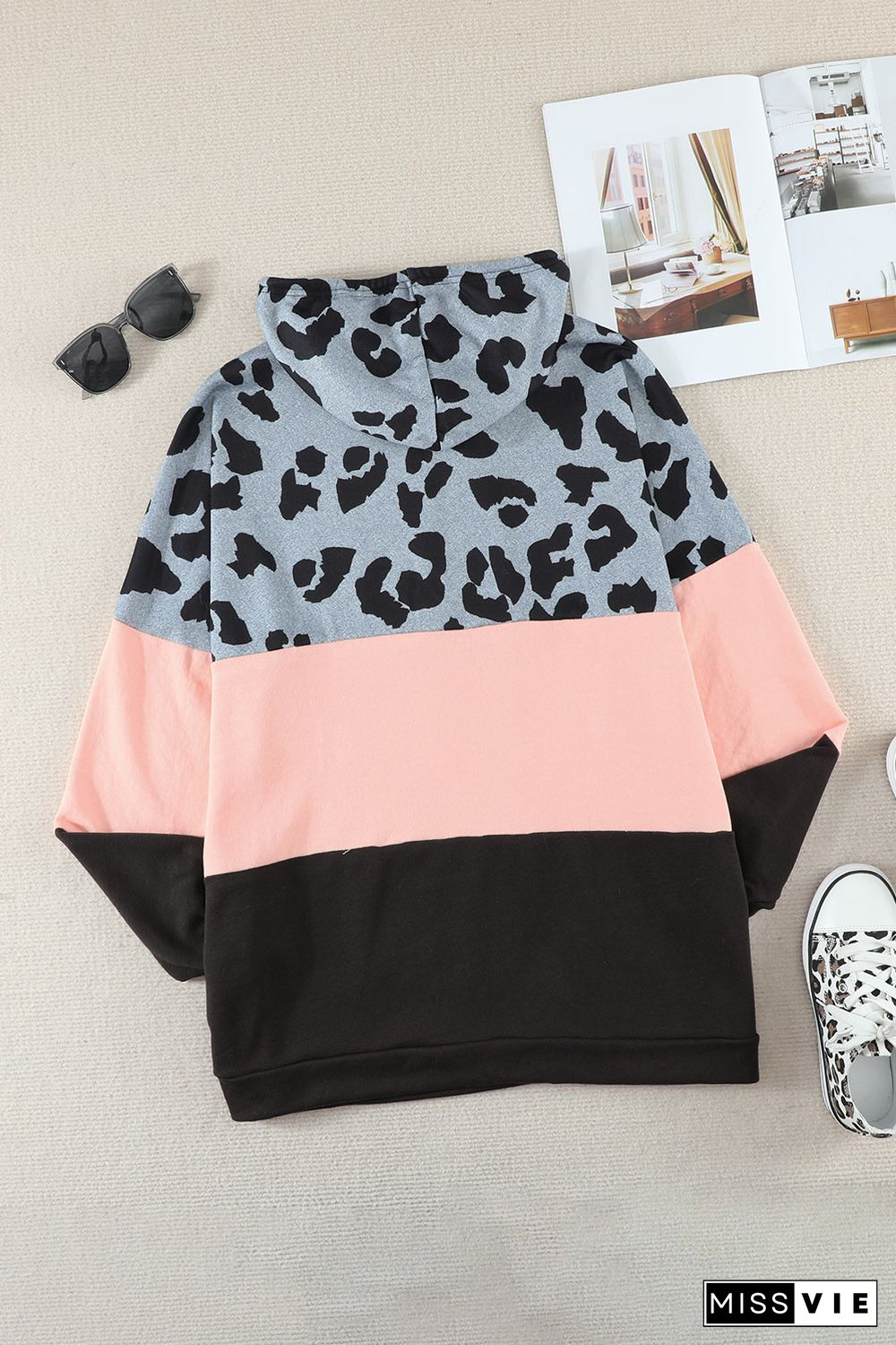 Plus Size Leopard Colorblock Splicing Hoodie with Pocket