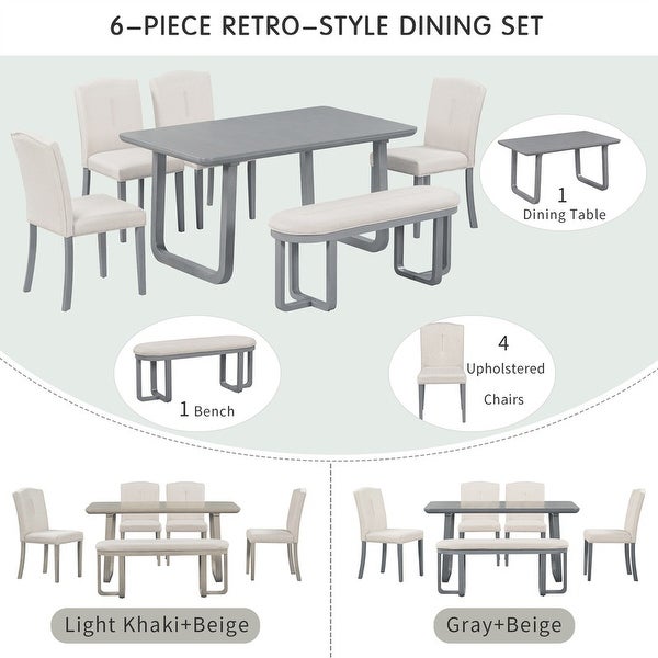 6-piece kitchen table， rectangular dining table， 4 upholstered chairs and benches， foam covered backrest and cushions