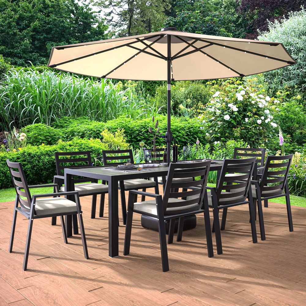 LeisureMod Chelsea Modern 9 Piece Outdoor Dining Set in Black Aluminum