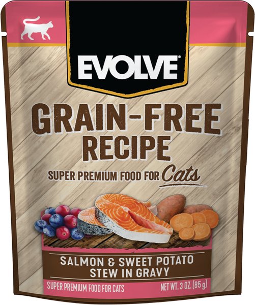 Evolve Salmon and Sweet Potato Stew in Gravy Grain-Free Wet Pouch Cat Food， 3-oz pouch， case of 24