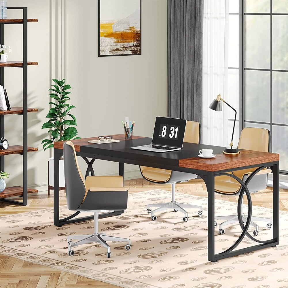 Thicken Wood Executive Desk  Large Office Desk with Metal Frame